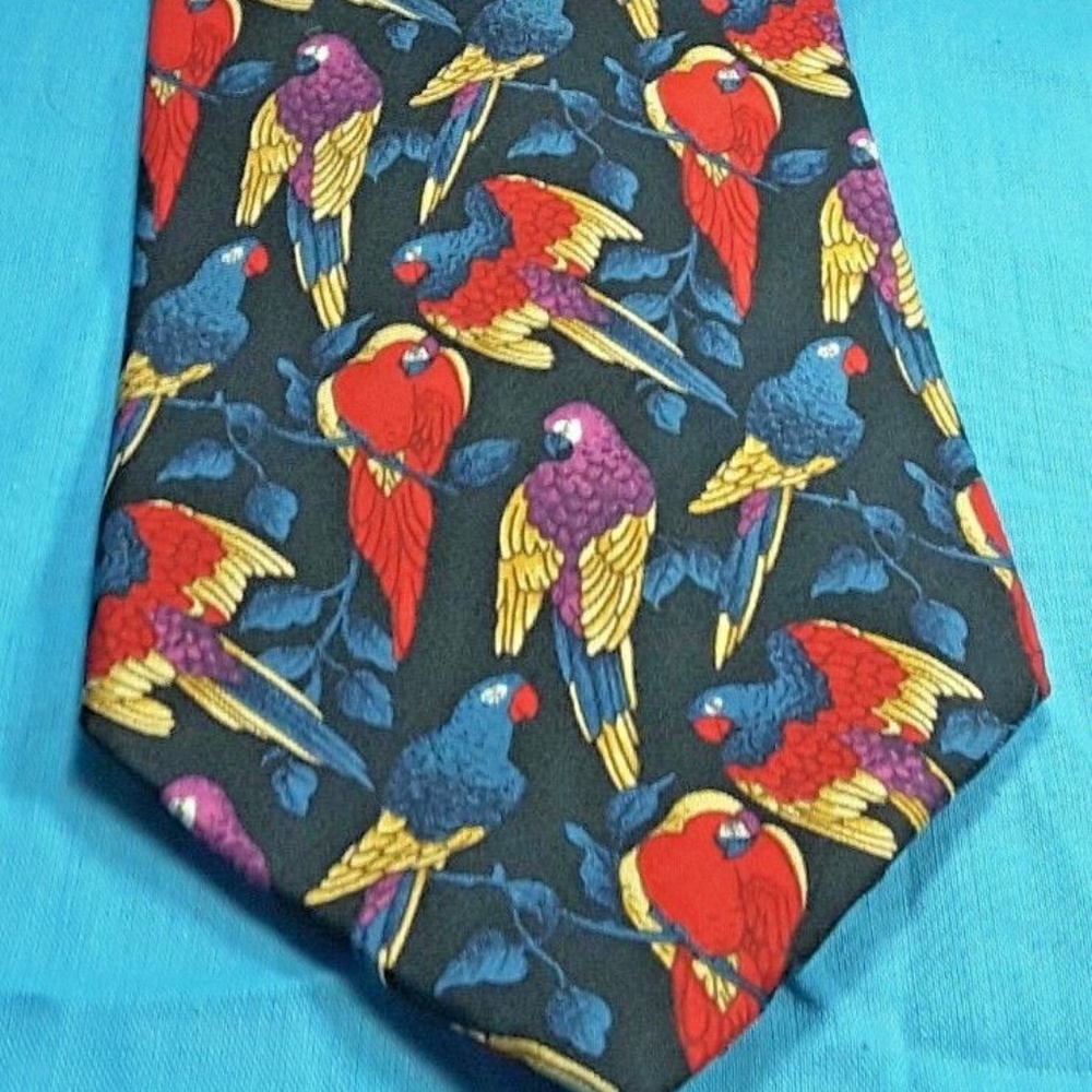 Silk Tie-Red Purple Blue Gold Parrots on Black